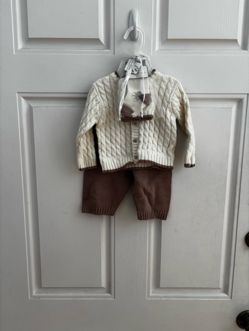 Vitamins Baby Cream Cable Knit Cardigan and Brown Knit Pants Set - Picture 2 of 7
